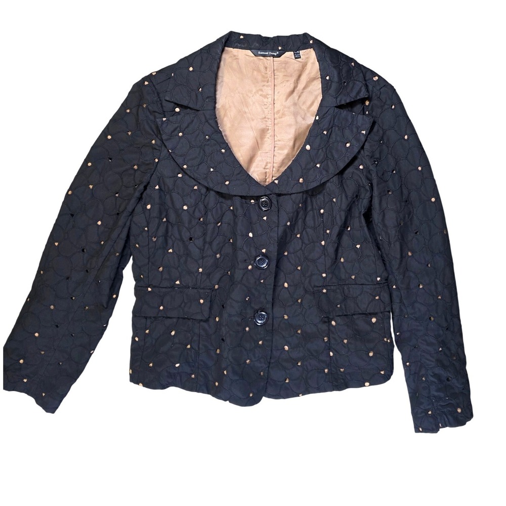 Samuel Dong Black Eyelet Blazer Jacket Portrait Collar Scalloped Embroidered L